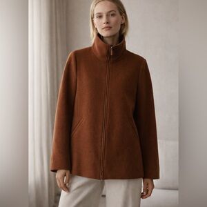 Eileen Fisher Cinnamon Brown Italian Wool Full Zip Funnel Coat quiet luxury